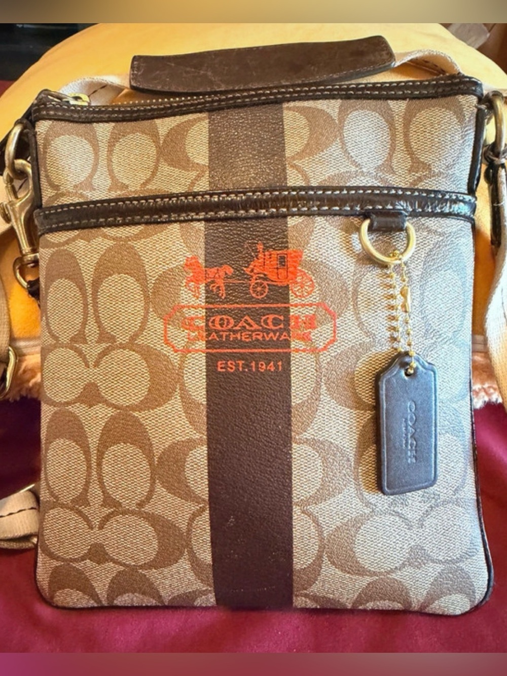Coach Brown Signature Canvas Messenger Crossbody with Leather Trim